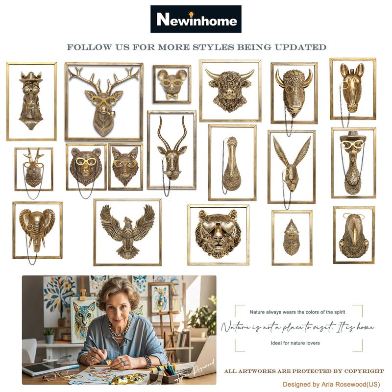 Newinhome 5 Pack Animal Heads Wall Decoration (Gift Metal Frame) Resin Animals Sculptures Head Wall Hanging Decor Gold vintage Wall Sculpture for Living Room Bedroom Office - Image 5