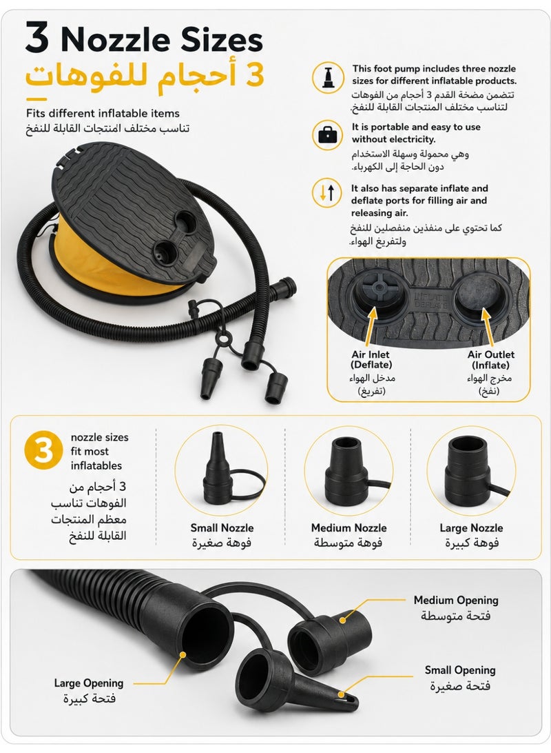 Foot Air Pump Inflator, Leather-Style Bellows Manual Foot Pump with 3 Nozzles, Inflate & Deflate Pump, 3L Capacity for Pool Floats, Swim Rings, Air Mattress - Image 3