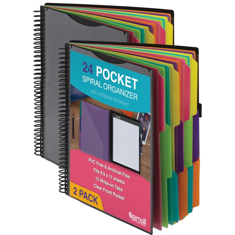 Samsill 2 Pack Deluxe 24 Pocket Spiral Project Folder Organizer with 12 Dividers, Zipper Pouch, Customizable Front Cover, Erasable Write On Tabs in Fashion Colors, Plastic Folders with Pockets - Image 1
