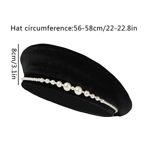 Minache Women Girls Black Velvet Beret Pearls French Beret Solid Color Artist Hat Winter Warm Beanies Hats - Image 5