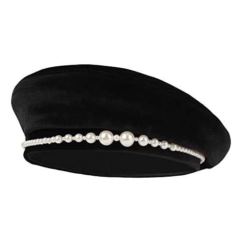 Minache Women Girls Black Velvet Beret Pearls French Beret Solid Color Artist Hat Winter Warm Beanies Hats - Image 1