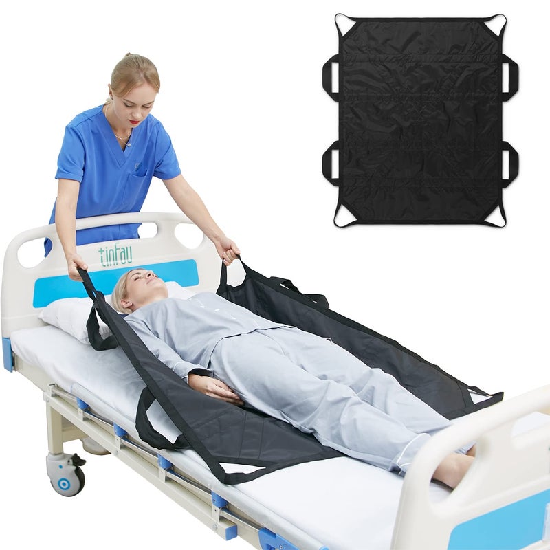 TINFAU 45 x 36 Positioning Bed Pad with Handles Washable Draw Sheets for Hospital Bed Ridden Patient Clothes Waterproof Glide Sheets for Patients Moving Pad for Lifting Transfer Sheet Nylon Black
