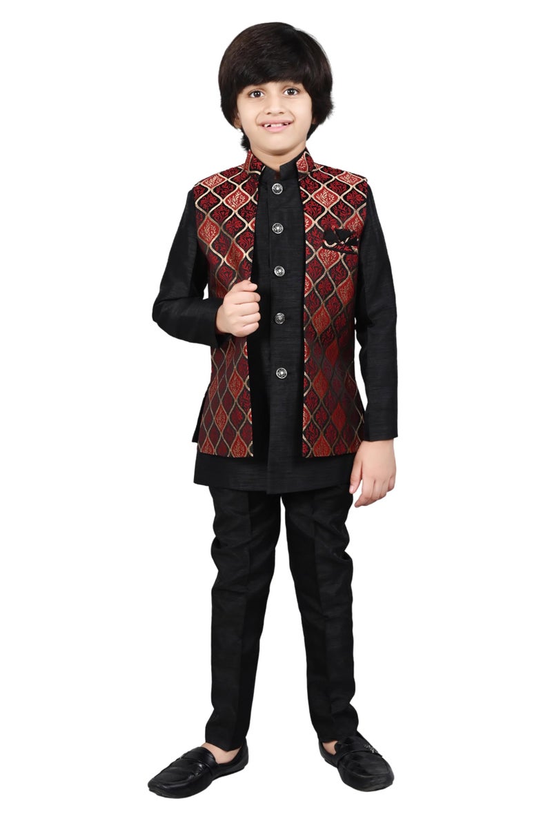 AHHAAAA Kids Ethnic Silk Blend Waistcoat Kurta Pyjama 3 Piece Sherwani Set For Boys |Red 5-6 Years| - Image 1