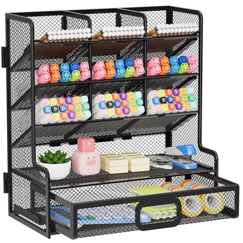 Marbrasse Larger Mesh Desk Organizer with Drawer MultiFunctional Pen Pencil Holder Easy Assembly Desk Organizers and Accessories for Office Art Supplies Black - Image 1