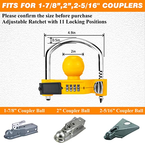 Funmit Trailer Lock Universal Hitch Lock with Combination Lock, fit 1-7/8", 2", 2-5/16" Coupler, Camper Accessories for Travel Trailers Boats Trucks Rvs Yellow - Image 2
