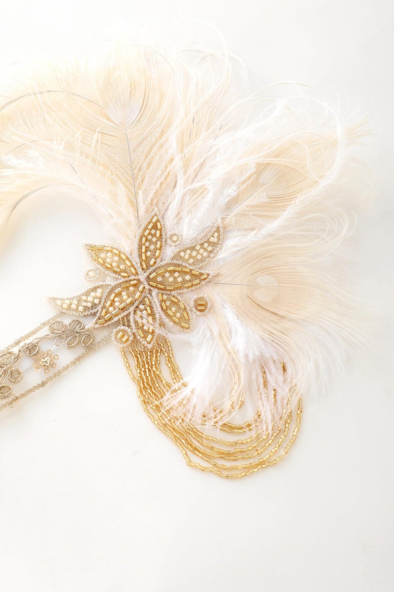 BABEYOND Flapper Headpiece for Women - 1920s Headband Roaring 20s Gatsby Accessories Peacock Feather Tassel Chain(Beige) - Image 2