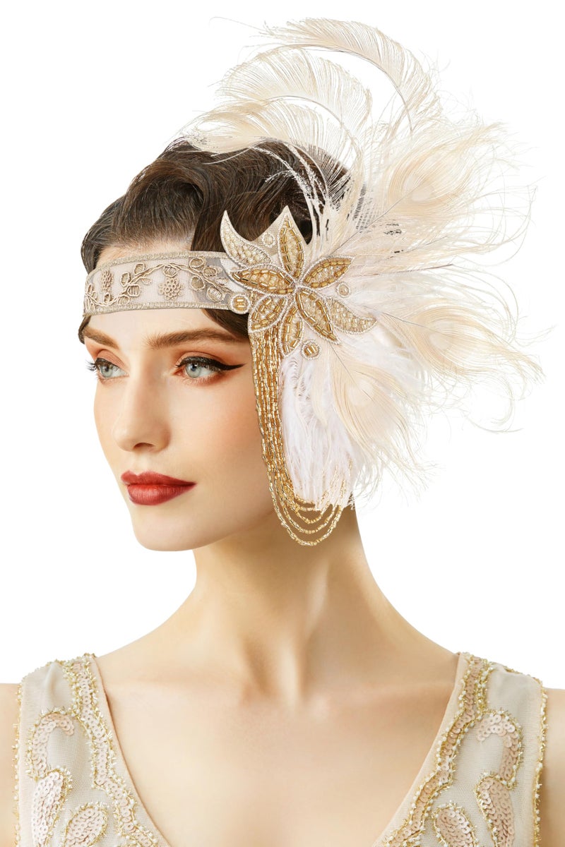 BABEYOND Flapper Headpiece for Women - 1920s Headband Roaring 20s Gatsby Accessories Peacock Feather Tassel Chain(Beige) - Image 1