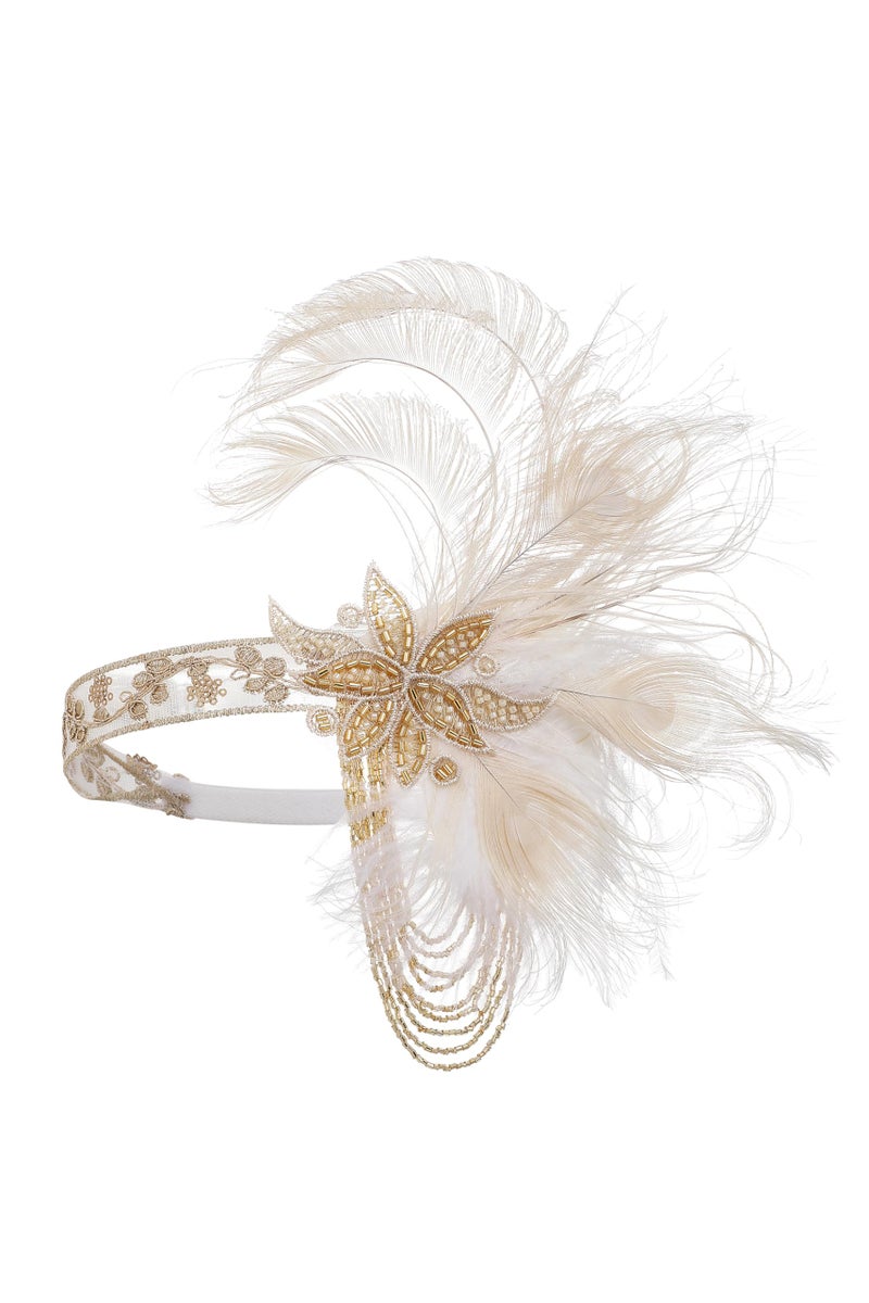 BABEYOND Flapper Headpiece for Women - 1920s Headband Roaring 20s Gatsby Accessories Peacock Feather Tassel Chain(Beige) - Image 5