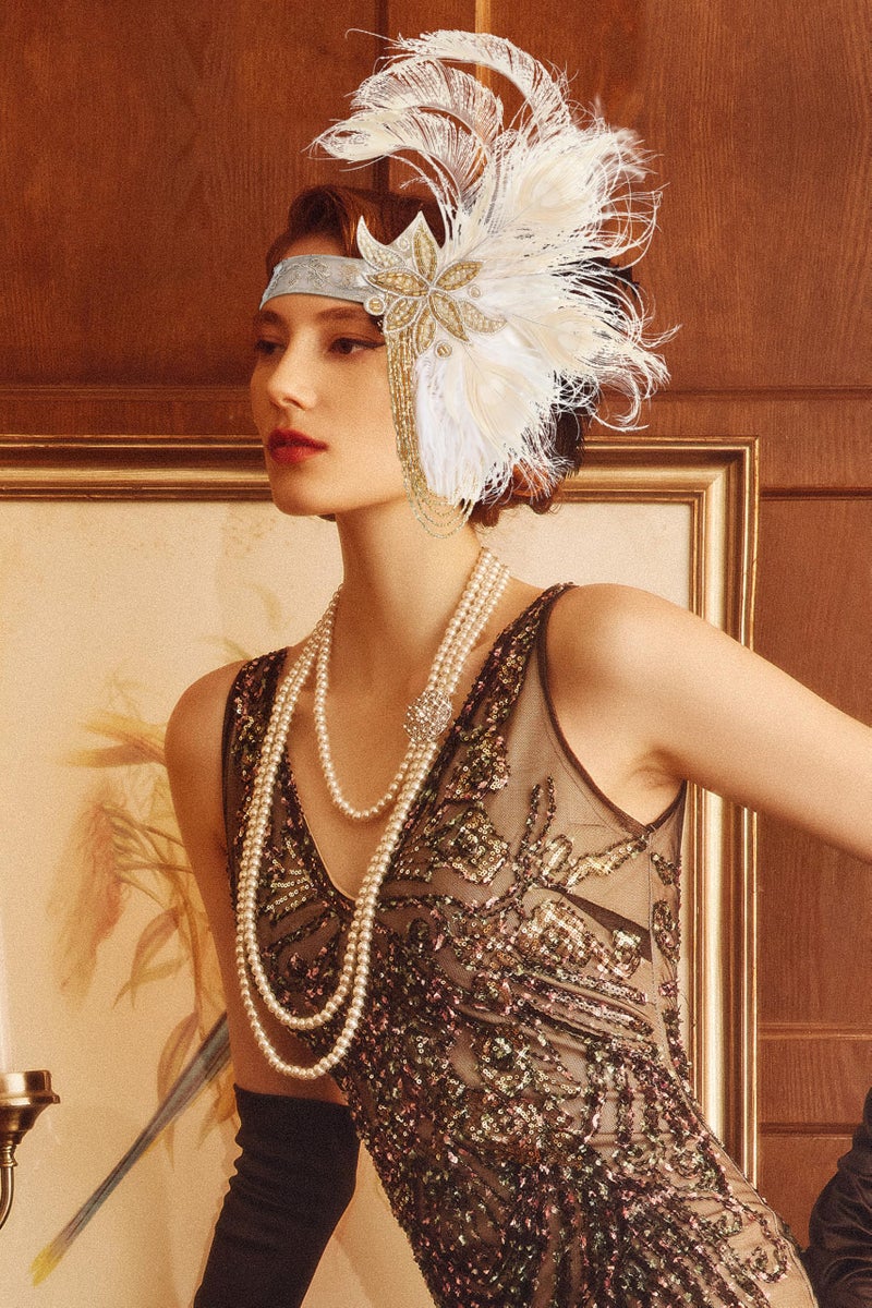BABEYOND Flapper Headpiece for Women - 1920s Headband Roaring 20s Gatsby Accessories Peacock Feather Tassel Chain(Beige) - Image 4