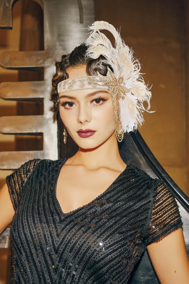 BABEYOND Flapper Headpiece for Women - 1920s Headband Roaring 20s Gatsby Accessories Peacock Feather Tassel Chain(Beige) - Image 3