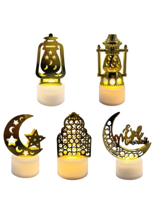 GGEROU 5Pcs Ramadan Lantern Decoration,Eid Candle Lights,Ramadan LED Candle Lantern,Castle, Vintage Oil Lamp, Pagoda,Moon Lighthouse Eid Mubarak Lamp, for Eid Wall Table Decor  - Image 1