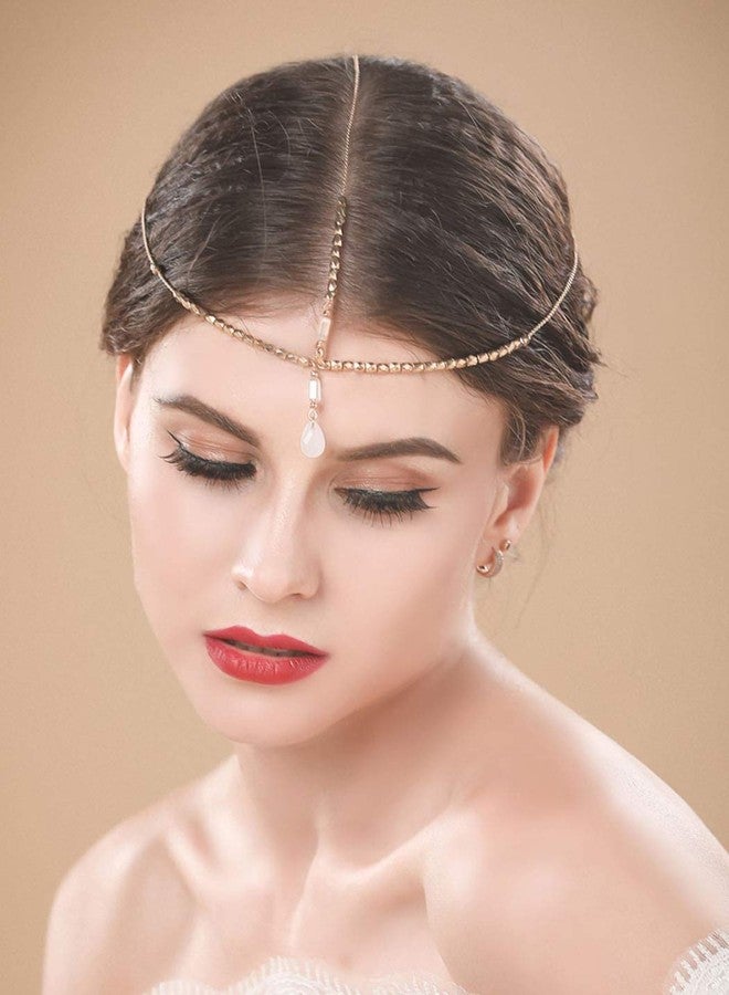 Haloty Boho Wedding Head Chain Egyptian Headchain Crystal Pendant Headpiece Teardrop Beaded Bridal Hair Chain Rhinestone Hair Jewelry for Women(Gold) - Image 4