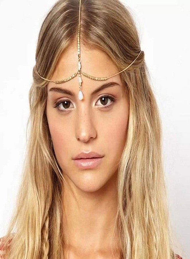 Haloty Boho Wedding Head Chain Egyptian Headchain Crystal Pendant Headpiece Teardrop Beaded Bridal Hair Chain Rhinestone Hair Jewelry for Women(Gold) - Image 1