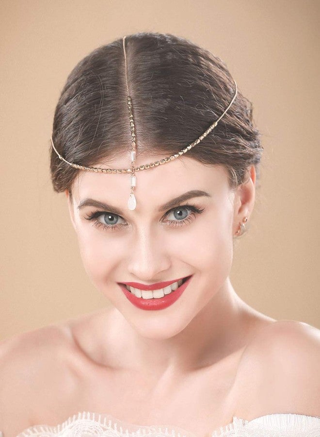 Haloty Boho Wedding Head Chain Egyptian Headchain Crystal Pendant Headpiece Teardrop Beaded Bridal Hair Chain Rhinestone Hair Jewelry for Women(Gold) - Image 5