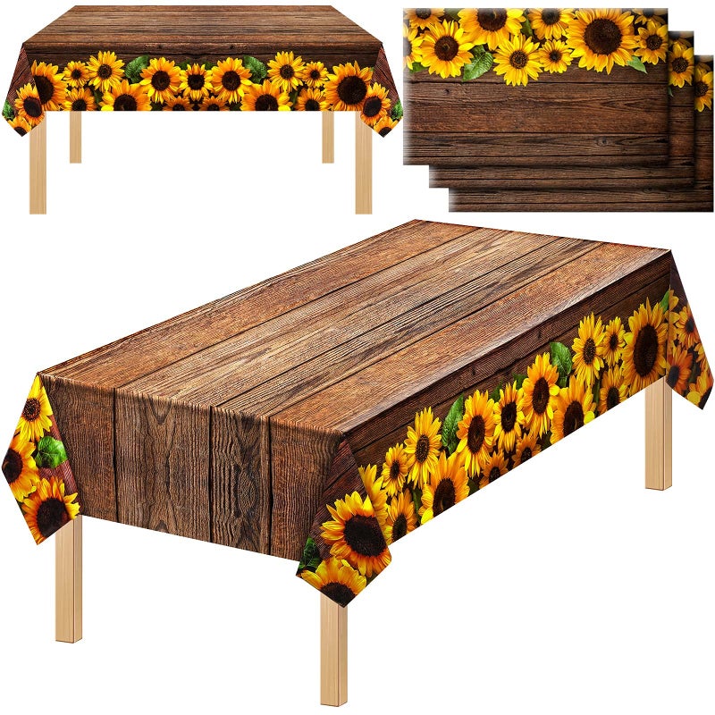 Tegeme 3 Pcs Disposable Sunflower Tablecloth 425 x 708 Inch Wood Grain Plastic Rustic Vintage Rectangle Table Covers Countryside Outdoor Tablecloth for Dinning Table Kitchen Party Banquet
