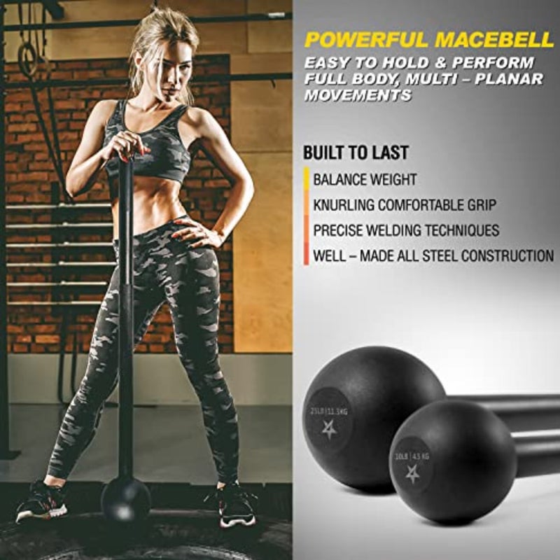 Strength training steel mace bell for shoulders, grips, forearms workouts; black powder-coated finish; durable forged steel; ergonomic grip design - Image 4