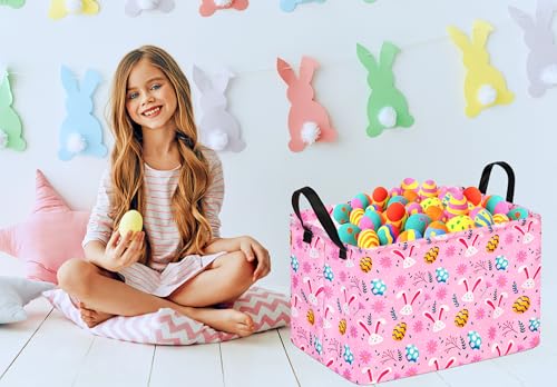 ACMUUNI Easter Eggs Gift Pink Rabbit Shelf Basket Clothes Laundry Storage Box Storage Bins Bunny Basket Laundry Hamper with Handles - Image 3