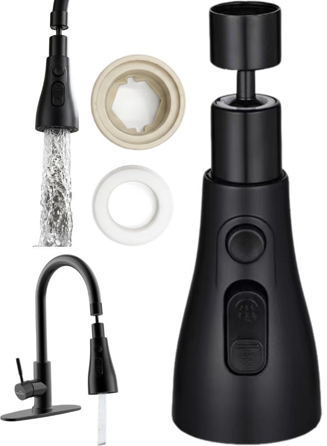 رأس صنبور مطبخ متعدد الوظائف أسود مطفي قابل للدوران 360 درجة، مع مفصل كروي حر، أزرار للتحكم في أوضاع تدفق المياه المتعددة، تقنية منع التناثر، محولات وحلقات سيليكون مانعة للتسريب، مناسب لأغلب صنابير المطابخ القياسية، مثالي لغسل الأواني، الحوض، الخضروات والفواكه، توفير المياه، مقاوم للصدأ، بلاستيك ABS عالي الجودة، صنبور احترافي عصري ومرن - Image 1