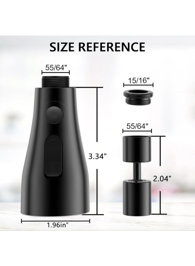 رأس صنبور مطبخ متعدد الوظائف أسود مطفي قابل للدوران 360 درجة، مع مفصل كروي حر، أزرار للتحكم في أوضاع تدفق المياه المتعددة، تقنية منع التناثر، محولات وحلقات سيليكون مانعة للتسريب، مناسب لأغلب صنابير المطابخ القياسية، مثالي لغسل الأواني، الحوض، الخضروات والفواكه، توفير المياه، مقاوم للصدأ، بلاستيك ABS عالي الجودة، صنبور احترافي عصري ومرن - Image 3