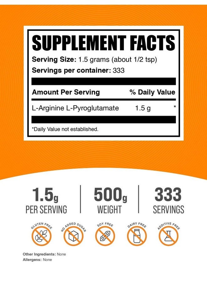 BulkSupplements مسحوق L-أرجينين L-بايروجلوتامات من BulkSupplements.com - مكمل أرجينين، مكمل أكسيد النيتريك - خالي من الغلوتين، 1.5 جرام لكل حصة، 500 جرام (1.1 رطل) (عبوة من 1) - Image 2