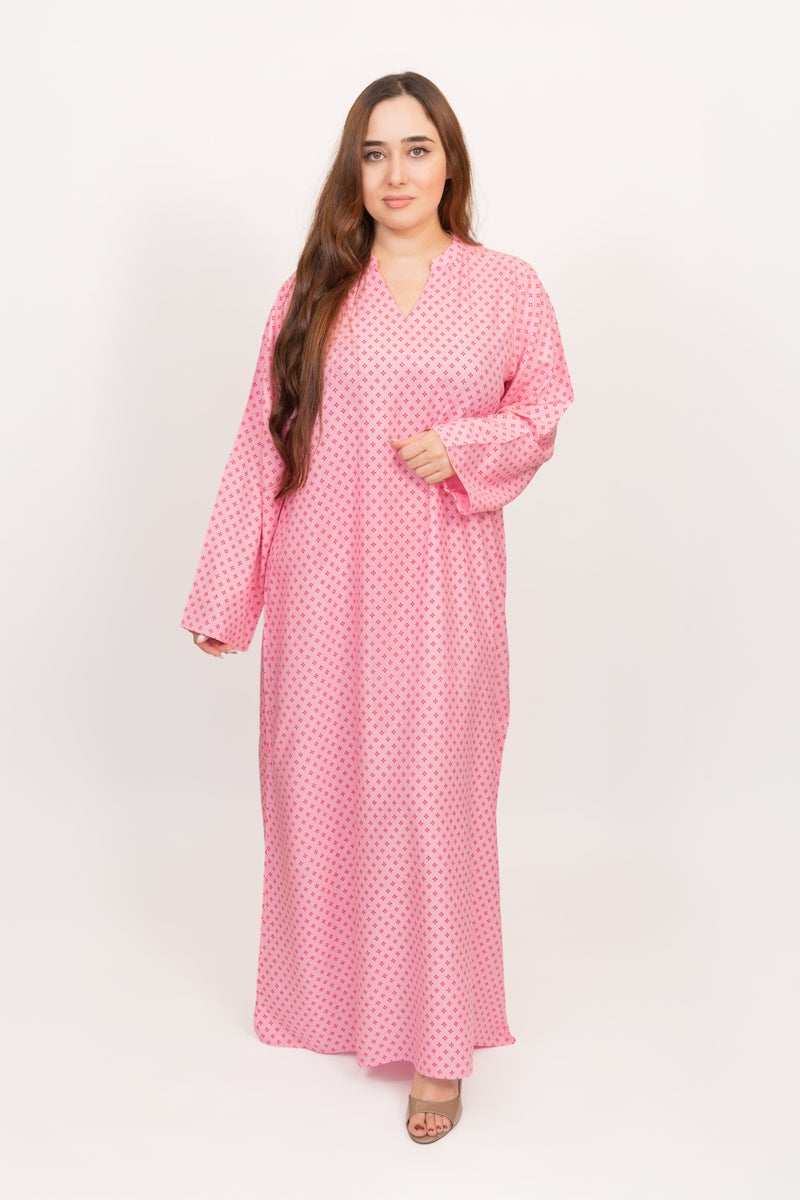 جلابية لينيل الوردية للنساء - فستان ماكسي محتشم بنقشة متقاطعة، بياقة على شكل حرف V وأكمام طويلة، مريح للارتداء اليومي، متوفر بمقاسات من S إلى XL