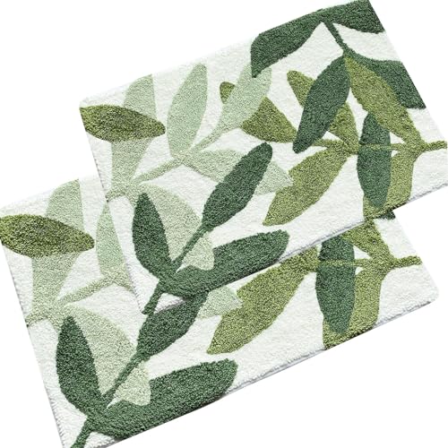 ZebraSmile Bathroom Rugs - Green Bathroom Rug Set 2 Piece, Non-Slip Water Absorbent Bath Mat Set of 2 Leaf Bath Rug Cute Bathroom Mats (17.5"x 25.5"+19.5"x31.5") - Image 1