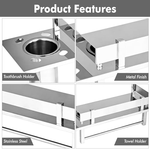 Pivalo 3 in 1 304 Grade Stainless Steel Bathroom Shelf Multipurpose Home Accessories Organizer Set Corner Wall Mount Rack with Mirror Finish Holder for Towel Soap & Toothbrush (Pack of 1) - Image 2