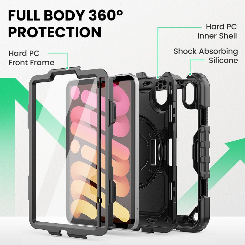 SEYMAC Case for iPad mini 7 (A17 Pro) 2024/ Mini 6 8.3â€³, Full-Body Shockproof Protective Case with Screen Protector, 360Â° Rotating Stand, Hand/Shoulder Strap for iPad mini 7th/ 6th Generation, Black - Image 5