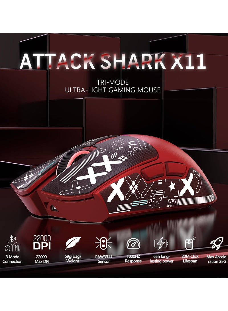 Attack Shark X11 Lightweight Wireless Gaming Mouse with RGB Charging Dock,Tri-Mode-2.4G/USB-C Wired/BT,22K DPI,PAW3311 Optical Sensor,HUYU Switch, 5 programmable Buttons for PC/Mac(Red&Sticker)  - Image 2