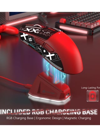ماوس ألعاب لاسلكي خفيف الوزن X11 مع قاعدة شحن RGB، وضع ثلاثي - 2.4 جيجاهرتز/USB-C سلكي/بلوتوث، 22 ألف نقطة في البوصة، مستشعر بصري PAW3311، مفتاح HUYU، 5 أزرار قابلة للبرمجة لأجهزة الكمبيوتر/ماك (أحمر وملصق) - view 3