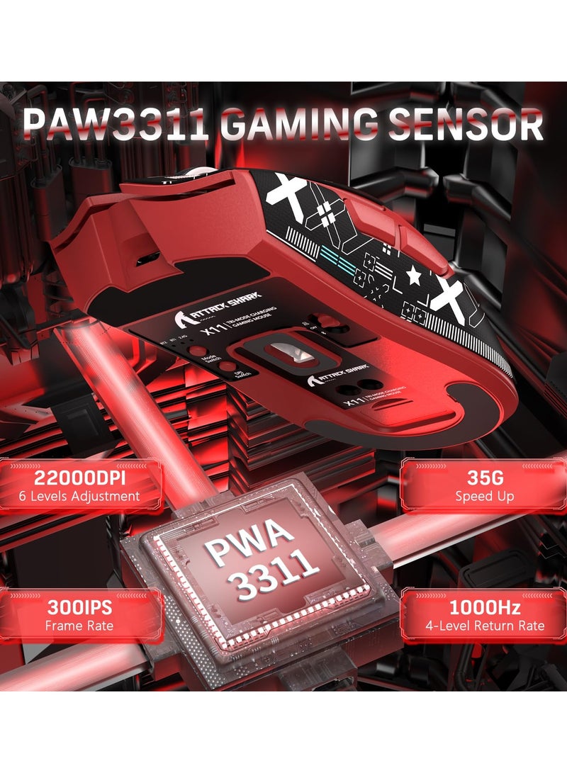 Attack Shark X11 Lightweight Wireless Gaming Mouse with RGB Charging Dock,Tri-Mode-2.4G/USB-C Wired/BT,22K DPI,PAW3311 Optical Sensor,HUYU Switch, 5 programmable Buttons for PC/Mac(Red&Sticker)  - Image 4