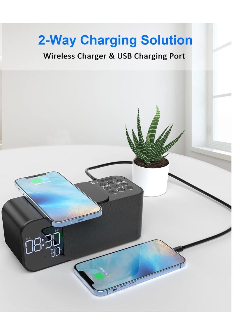 Alarm Clock Radio with Wireless Charging & Bluetooth Speaker, Multifunction Fast Wireless Charging Dual Alarm Clock Radio with Bluetooth Audio with LED Display
