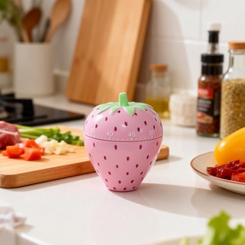 MonLiya Cute Fruit Cookie Kitchen Timer | Novelty Manual Cooking Alarm | Fun Shaped Mechanical Strawberry Windup for Home Desktop Decor - Image 4