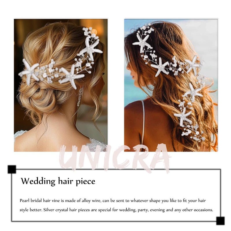 Unicra Starfish Bride Wedding Hair Vine Pearl Bridal Headband Headpiece Beach Wedding Hair Accessories for Women and Girls (A Silver) - Image 3