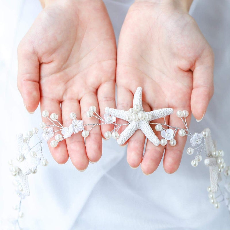 Unicra Starfish Bride Wedding Hair Vine Pearl Bridal Headband Headpiece Beach Wedding Hair Accessories for Women and Girls (A Silver) - Image 2