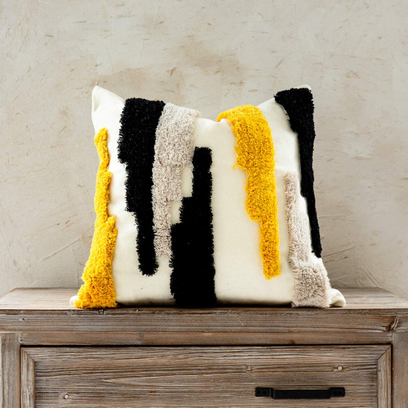 Woven Tufted Boho Throw Pillow Cover Modern Decorative Geometric Irregular Black Ivory Yellow Striped Lines Cushion Farmhouse Tribal Pillowcases for Couch Sofa Bedroom Living Room 18 x 18 Inches