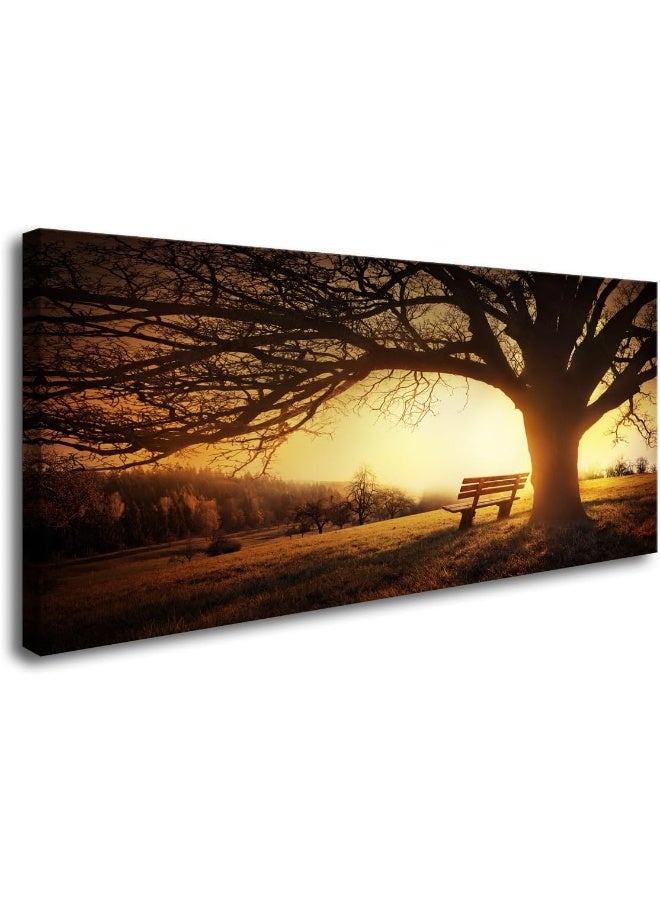 Muolunna Wall Art Decor Canvas Print Picture Big Trees in Sunset 1 Panel Golden Sunset Forest Natural Landscape Painting Artwork for Living Room Bedroom Office Home Wall Decor Framed Ready to Hang - Image 1