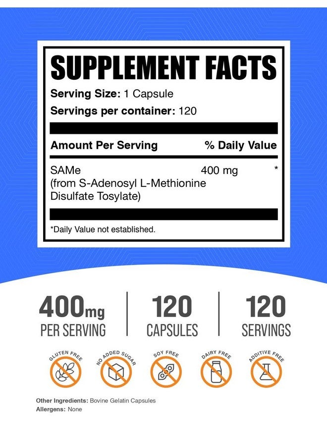BulkSupplements.com Same Capsules - S-Adenosyl-L-Methionine, SAM-e Supplement - SAM-e 400mg, Gluten Free - 1 Capsule per Serving, 120 Capsules (Pack of 1) - Image 2