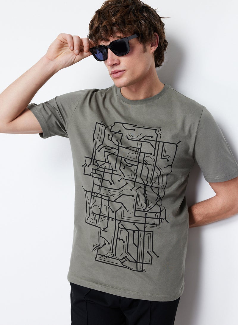 trendyol Khaki Slim Fit Printed Cotton T-Shirt - TMNSS20TS0088 - Image 2