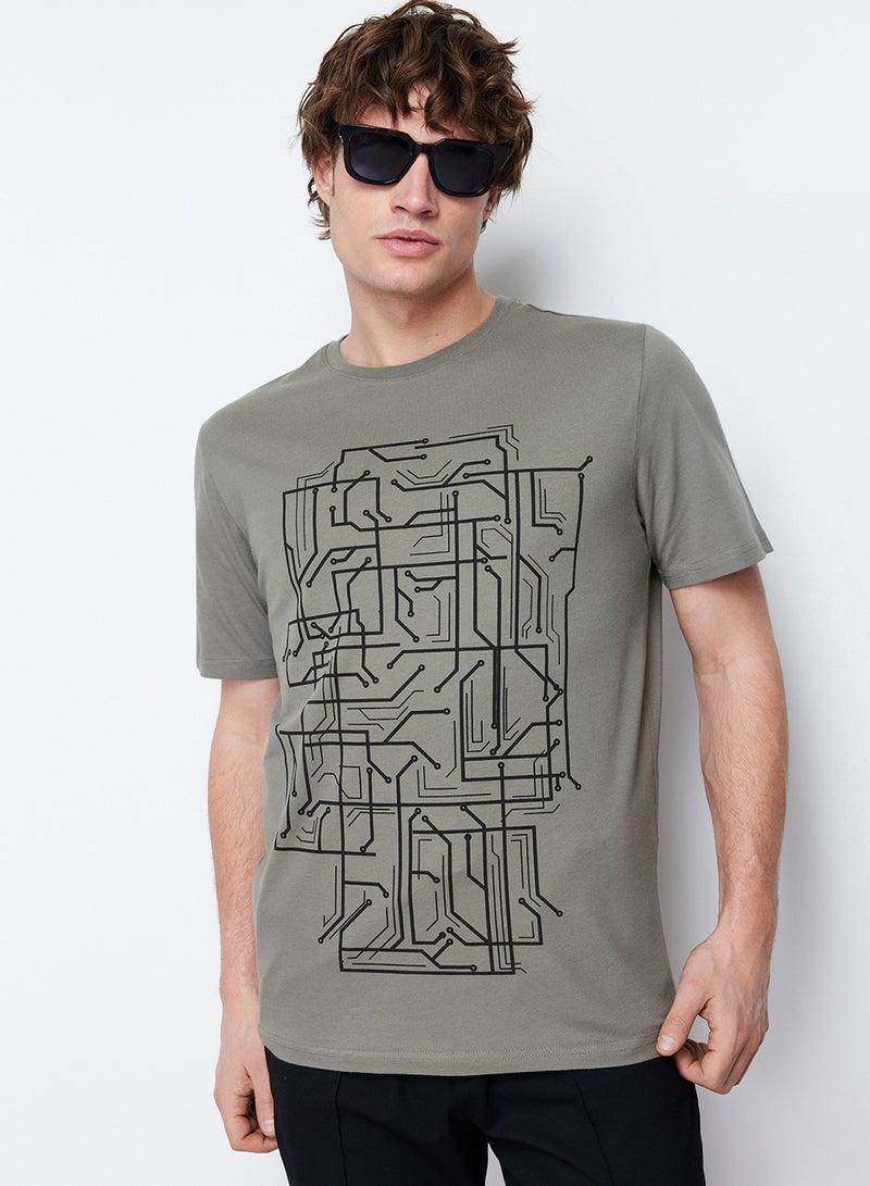 trendyol Khaki Slim Fit Printed Cotton T-Shirt - TMNSS20TS0088 - Image 1
