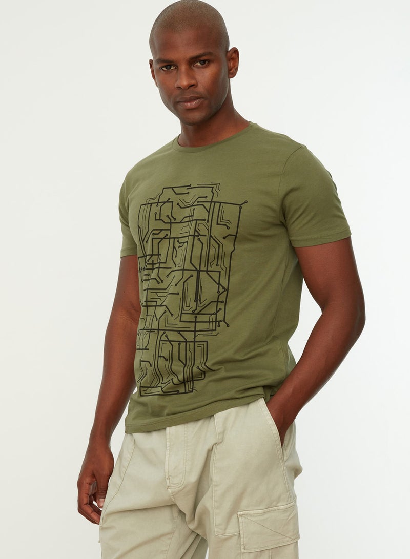 trendyol Khaki Slim Fit Printed Cotton T-Shirt - TMNSS20TS0088 - Image 4