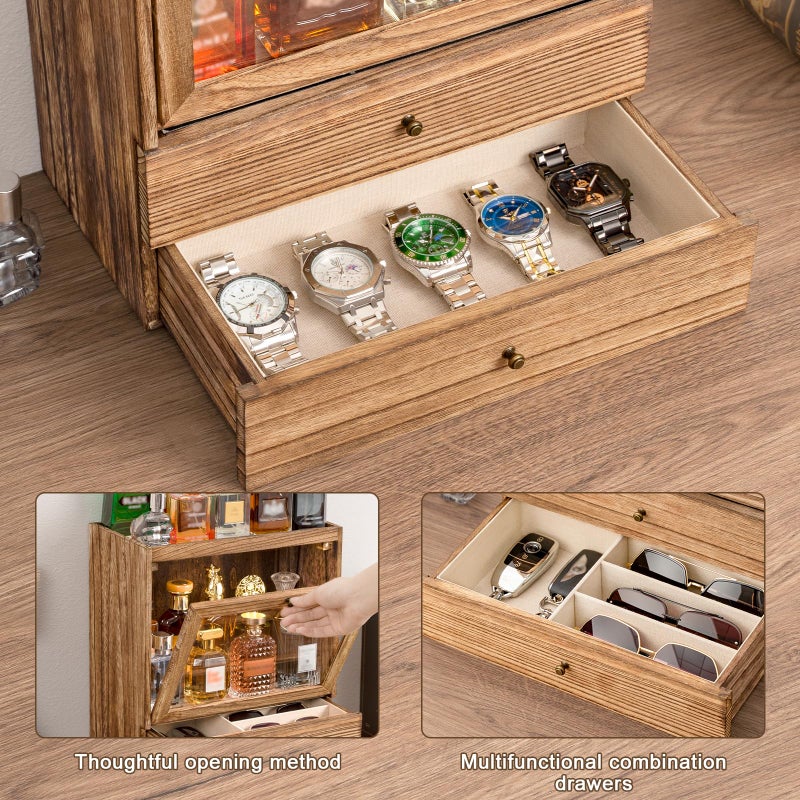 Emfogo Cologne Organizer, 4 Tier Vertical Wood Perfume Stand for Men, Large Capacity Dustproof Perfumes Organizer Cologne Stand with Double Drawer Storage, Gift for Loved ones (Brown) - Image 4