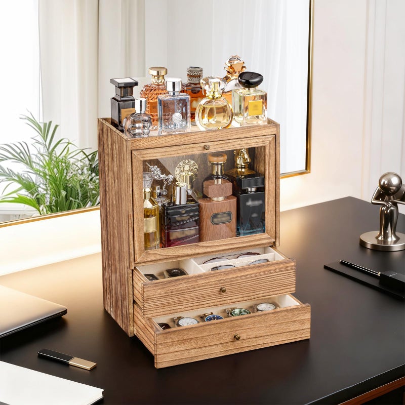 Emfogo Cologne Organizer, 4 Tier Vertical Wood Perfume Stand for Men, Large Capacity Dustproof Perfumes Organizer Cologne Stand with Double Drawer Storage, Gift for Loved ones (Brown) - Image 2