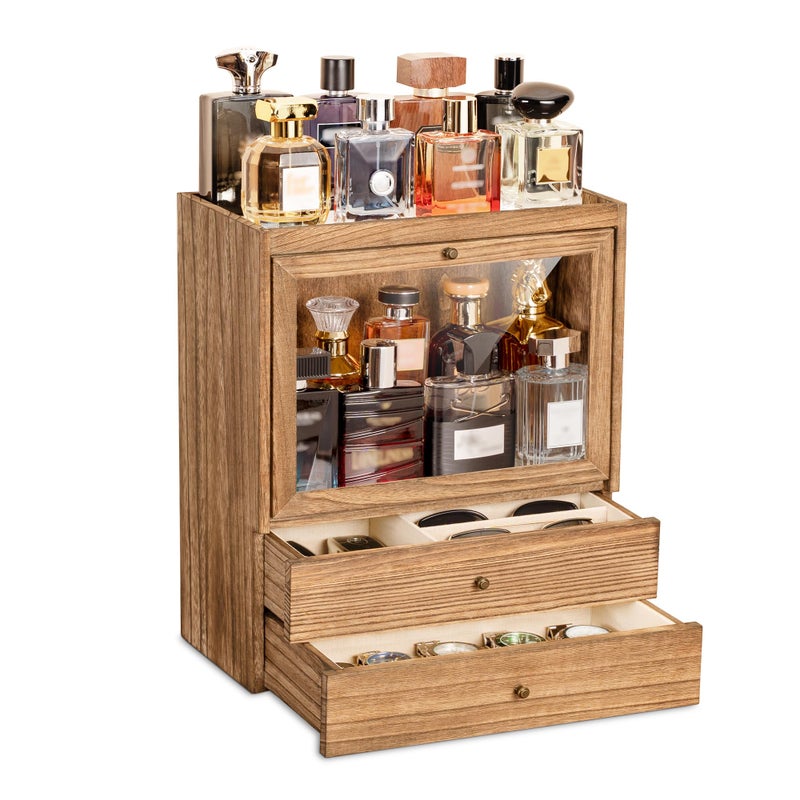 Emfogo Cologne Organizer, 4 Tier Vertical Wood Perfume Stand for Men, Large Capacity Dustproof Perfumes Organizer Cologne Stand with Double Drawer Storage, Gift for Loved ones (Brown) - Image 1