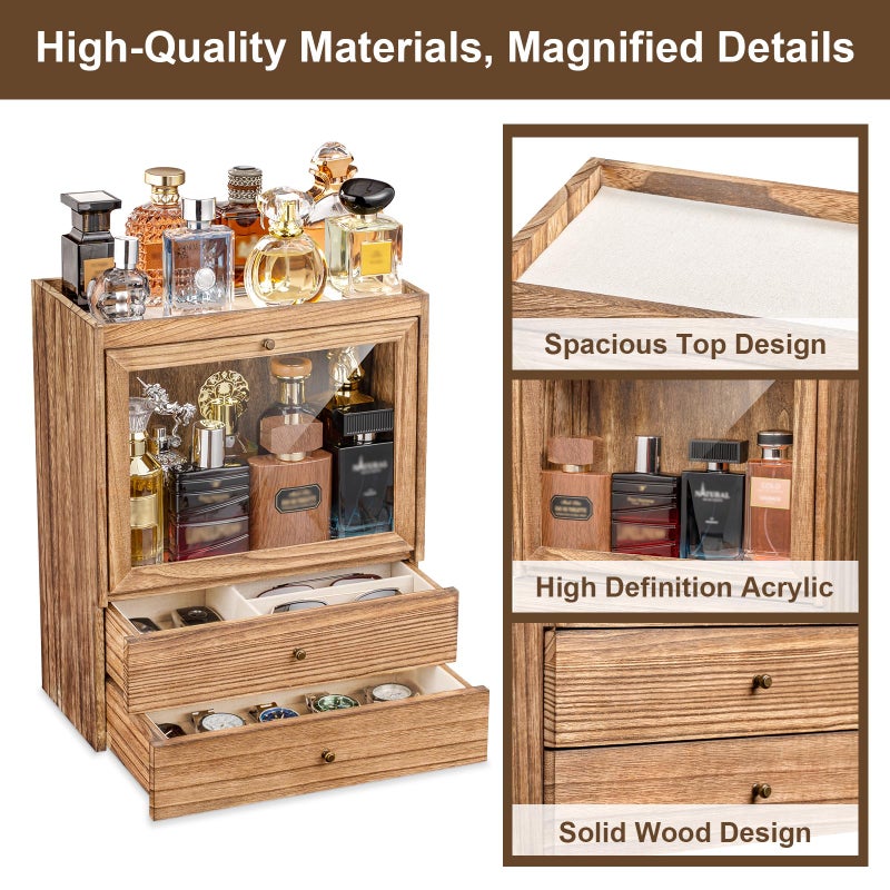Emfogo Cologne Organizer, 4 Tier Vertical Wood Perfume Stand for Men, Large Capacity Dustproof Perfumes Organizer Cologne Stand with Double Drawer Storage, Gift for Loved ones (Brown) - Image 3