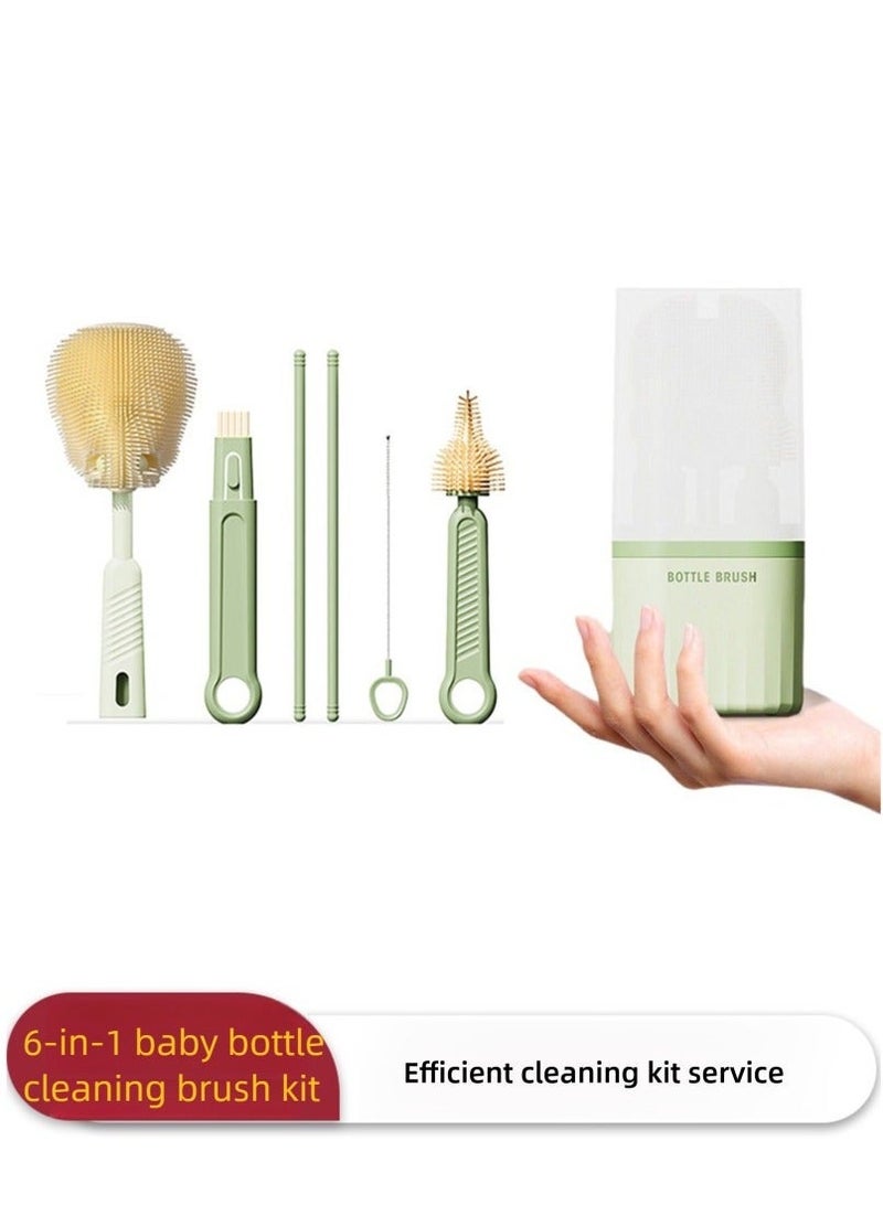 6-in-1 Baby Bottle Cleaning Brush Kit with detachable heads that fit both standard and wide-neck bottles; withstands high-temperature steam sterilization without warping for long-lasting, eco-friendly use. Spiral bristles power through milk residue while protecting bottle walls from scratches, effortlessly solving the toughest infant bottle-cleaning challenges. - Image 1