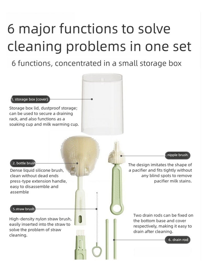 6-in-1 Baby Bottle Cleaning Brush Kit with detachable heads that fit both standard and wide-neck bottles; withstands high-temperature steam sterilization without warping for long-lasting, eco-friendly use. Spiral bristles power through milk residue while protecting bottle walls from scratches, effortlessly solving the toughest infant bottle-cleaning challenges. - Image 3