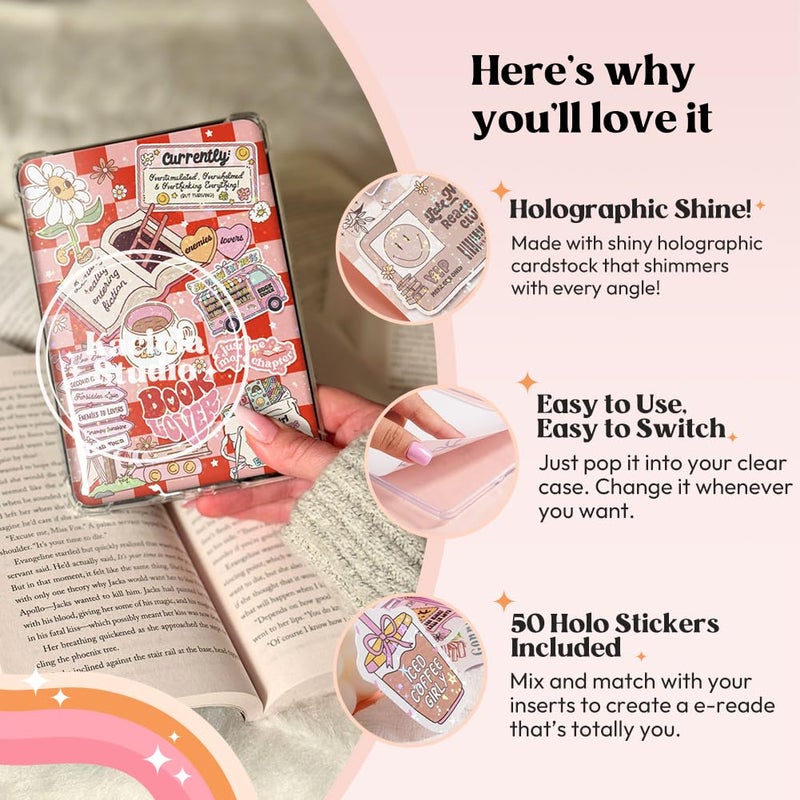 Kaciola 12PCS Inserts Cardstock for E-Reader, and 50PCS Scrapbook Sticker for Clear Case, 6.9"x4.8" Bookish Girlie Theme E-Reader Back Cover Insert Decorating Accessories for Paper White 11th-12th - Image 4