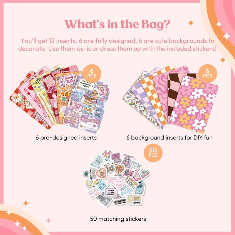 Kaciola 12PCS Inserts Cardstock for E-Reader, and 50PCS Scrapbook Sticker for Clear Case, 6.9"x4.8" Bookish Girlie Theme E-Reader Back Cover Insert Decorating Accessories for Paper White 11th-12th - Image 3