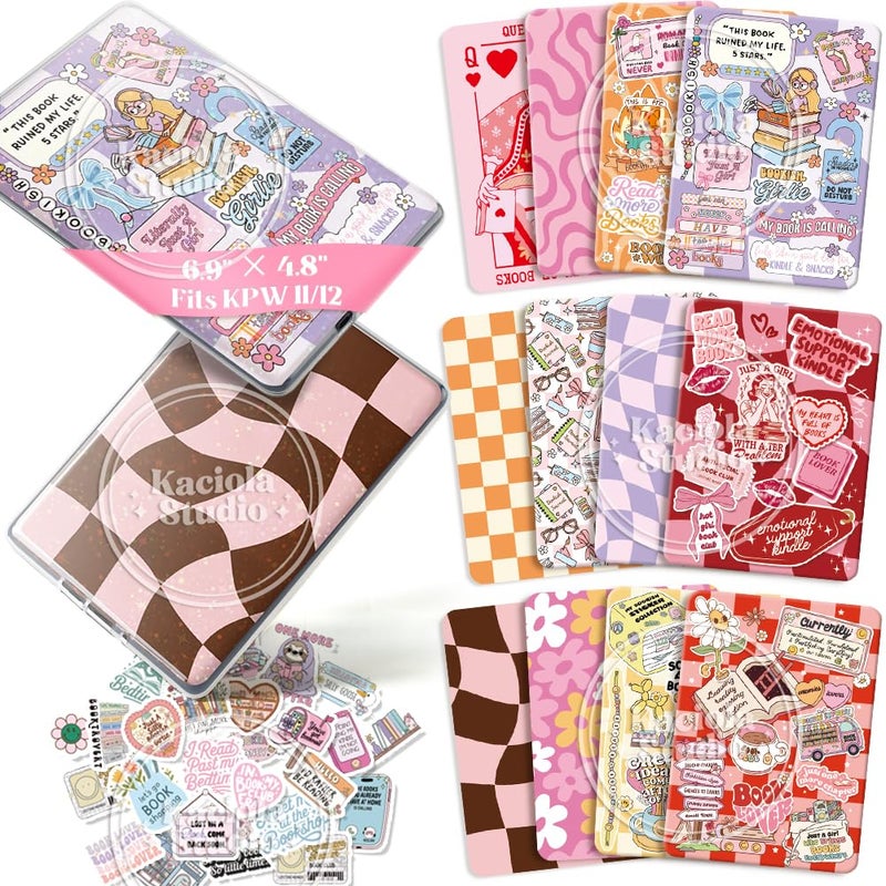 Kaciola 12PCS Inserts Cardstock for E-Reader, and 50PCS Scrapbook Sticker for Clear Case, 6.9"x4.8" Bookish Girlie Theme E-Reader Back Cover Insert Decorating Accessories for Paper White 11th-12th - Image 1